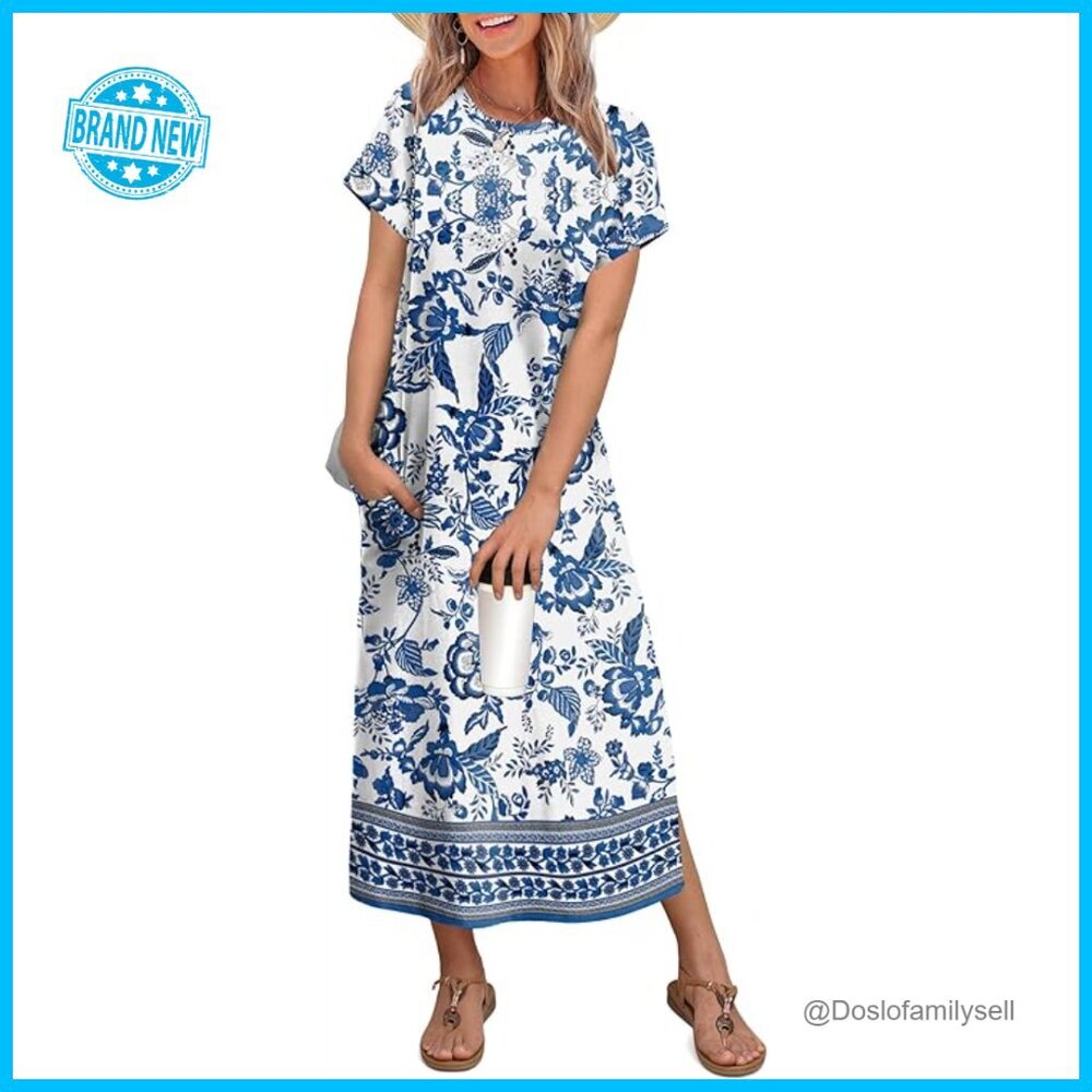 Casual Maxi Dress Short Sleeve T-Shirt Style with Pockets Travel Outfit - Picture 1 of 7